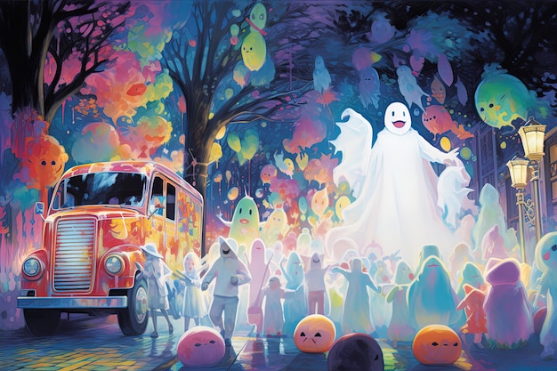 Desfile espectral de personagens fantasmagóricos e carros alegóricos assombrados em uma rua envolta em neblina