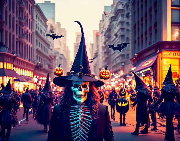 Foto un desfile de halloween con calabazas y murciélagos en él