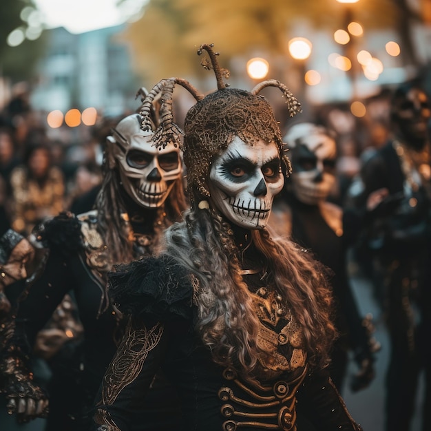 Un desfile de Halloween con participantes elaboradamente disfrazados.