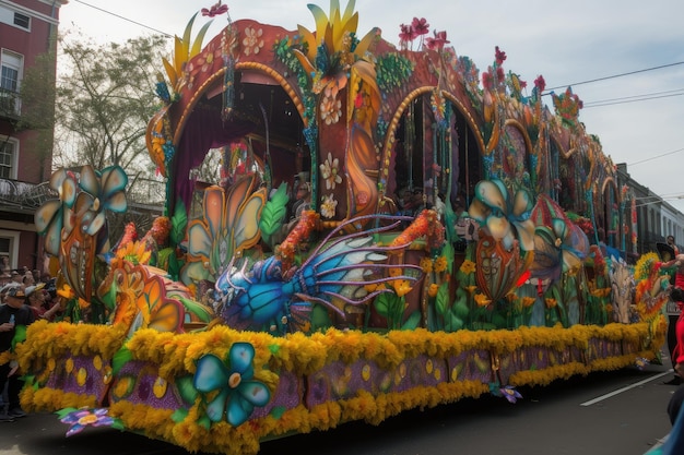 Desfile de mardi gras con una carroza colorida y elaborada que pasa creada con ai generativo
