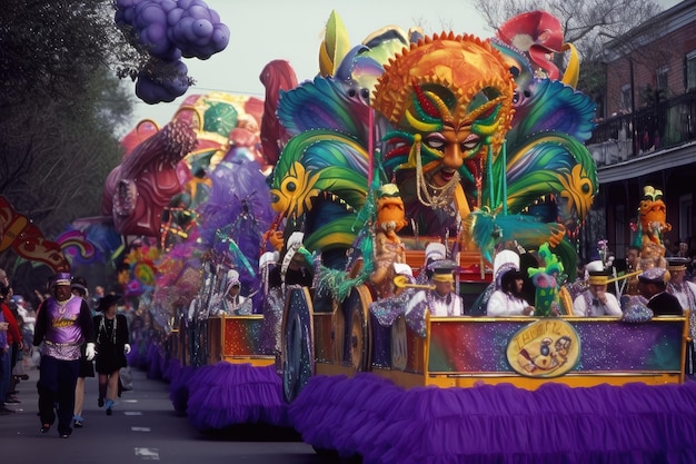 Desfile de mardi gras con carrozas y artistas marchando por las calles creado con ai generativo