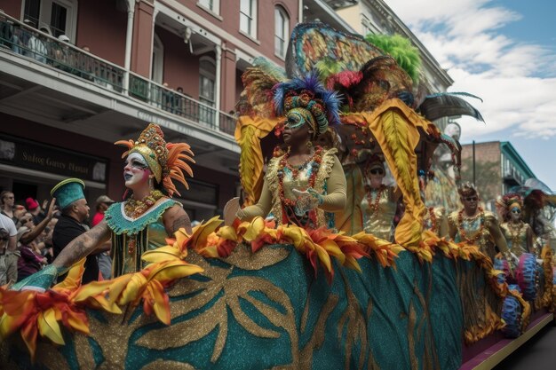 Desfile de mardi gras con carrozas y disfraces pasando por la multitud vitoreando creado con ai generativo