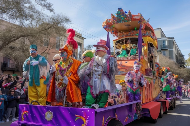 Desfile de mardi gras con carrozas festivas y disfraces que pasan creados con ai generativo