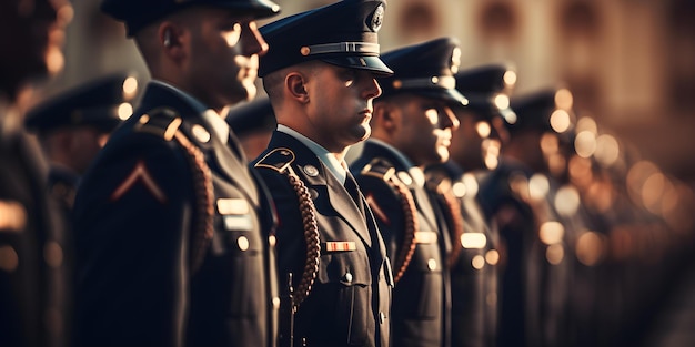 Desfile militar con guardias en uniforme completo de pie en atención Concepto Desfile Guardias militares en uniforme Atención