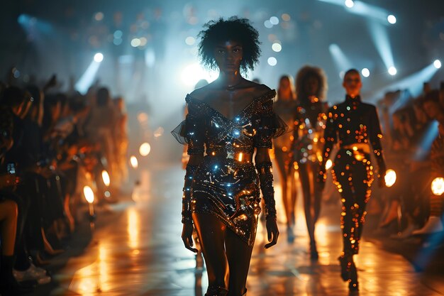 Desfile de moda deslumbrante con modelos con impresionantes trajes metálicos