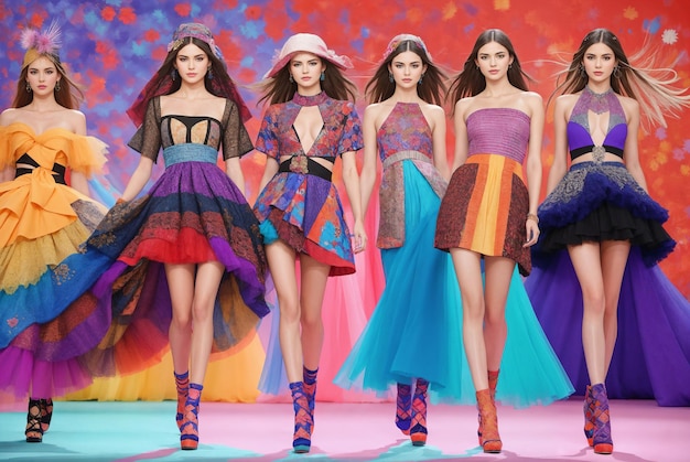 Desfile de moda Mujeres magníficamente hermosas en la pasarela Vestidos coloridos y extravagantes Diseñador creativo digital Arte de moda glamour