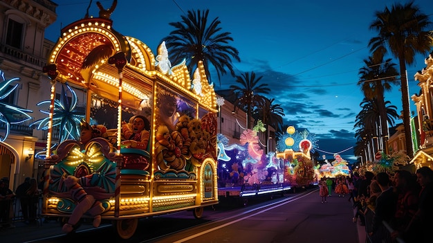Desfile nocturno vibrante con carrozas iluminadas atmósfera festiva capturada en un entorno mágico escena de celebración del carnaval IA