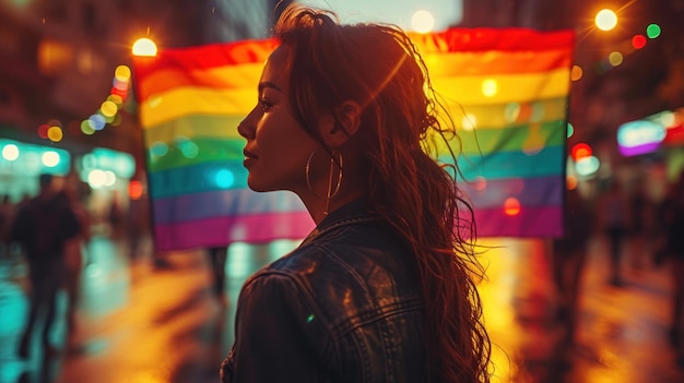 Desfile del orgullo de la mujer con la bandera del arco iris