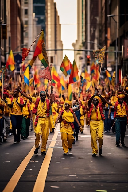 un desfile de personas marchando por una calle con banderas en el fondo