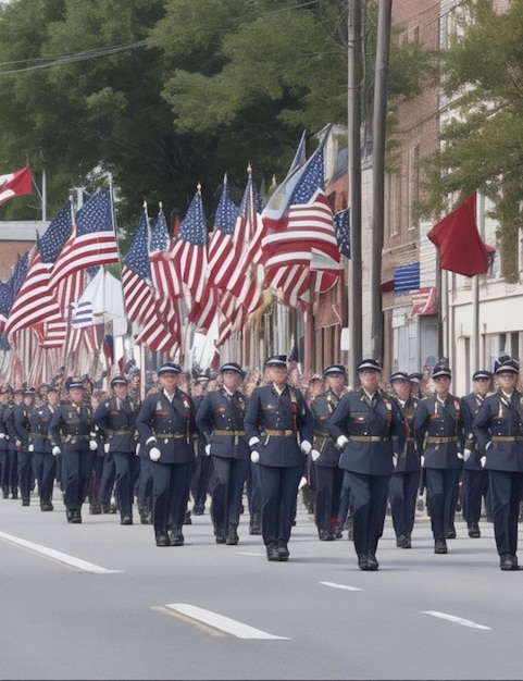 Un desfile solemne de veteranos marchando por una pequeña ciudad con banderas ondeando al viento