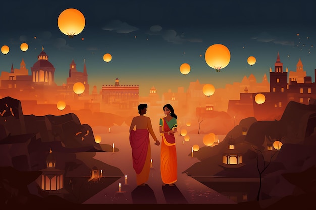 Un desfile temático de Diwali en una ilustración minimalista