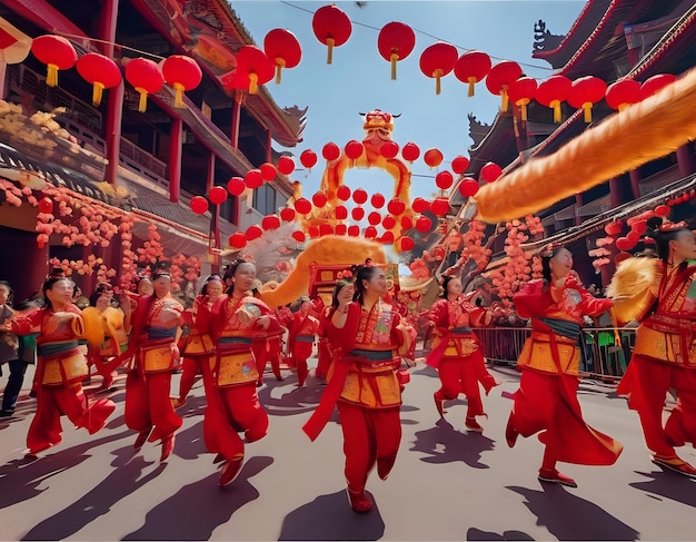 Un desfile tradicional del Año Nuevo chino con carrozas