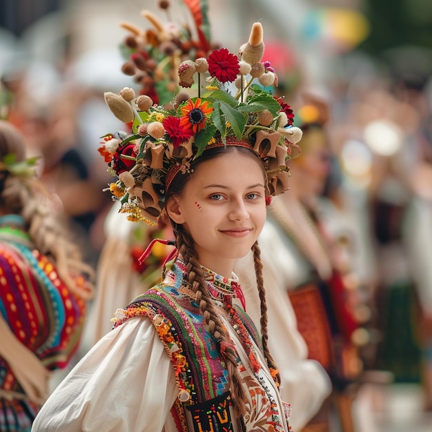 Desfile de trajes tradicionales letones coloridos Mujer con trenzas y flores