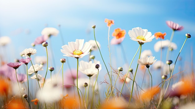 Desfocar a paisagem do campo de flores da primavera bokeh em um dia claro e ensolarado de céu azul