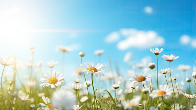 Desfocar a paisagem do campo de flores da primavera bokeh em um dia claro e ensolarado de céu azul