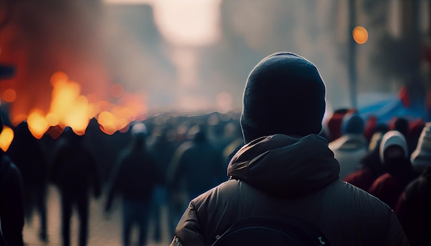 Desfocar ativistas femininos e masculinos protestando com megafone durante uma greve com grupo de manifestantes ao fundo