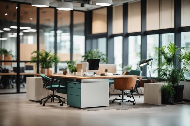Desfocar o fundo do espaço de trabalho contemporâneo de design de interiores de escritório moderno para negócios criativos