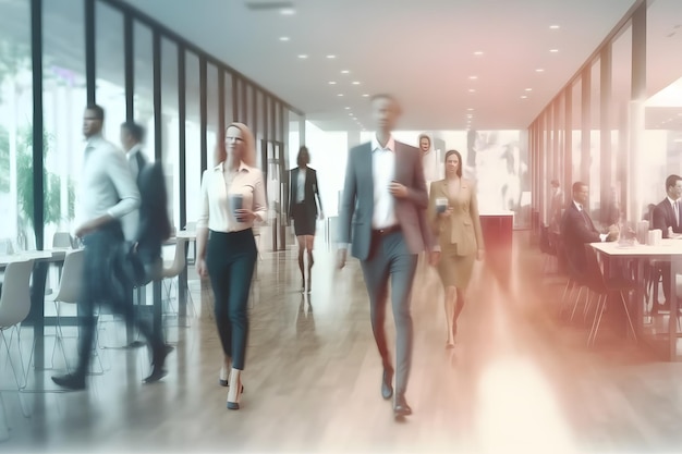 Desfocar pessoas andando no corredor do centro de negócios Rede neural gerada por IA