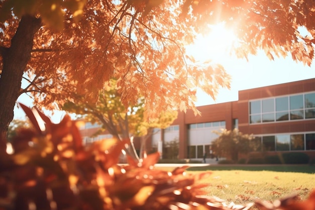 Desfokussiertes Bild von einer Highschool oder einem Universitätscampus an einem sonnigen Herbsttag