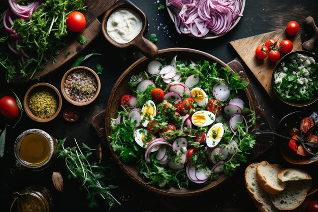 Foto desfolhe o prato com salada e outros alimentos saudáveis