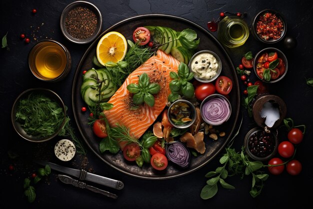 Foto desfolhe o prato com salada e outros alimentos saudáveis