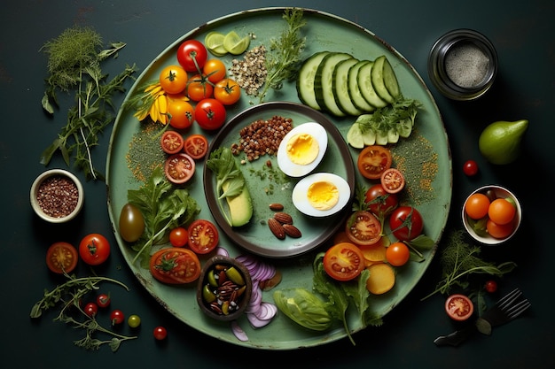 Foto desfolhe o prato com salada e outros alimentos saudáveis