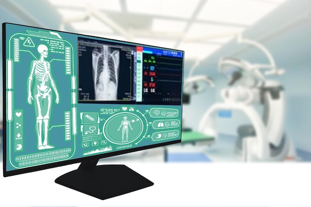 Desfoque de superfície monitor lcd e cama de operação vazia vista da sala de algumas camas vazias em uma sala de cirurgia em um hospital