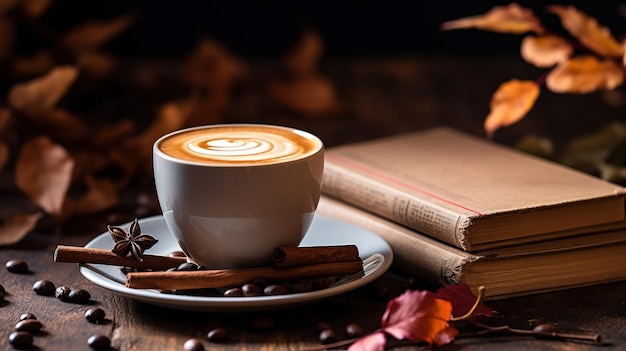 Desfrutando de café, leitura e vibrações de outono numa mesa de madeira.