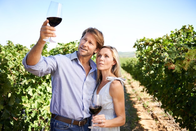 Foto desfrutando de um dia de degustação de vinhos ao sol foto de um casal desfrutando de degustação de vinhos em um vinhedo