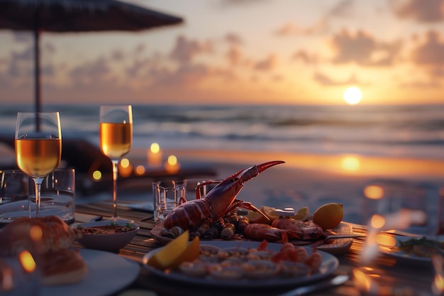 Foto desfrutando de um jantar de frutos do mar à beira-mar