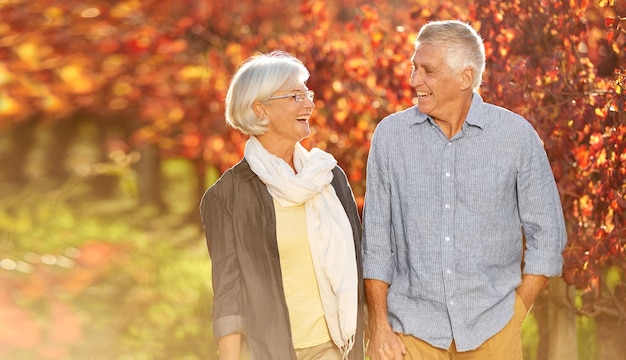 Desfrutando de um passeio no vinhedo Foto de um casal sênior sorridente caminhando de mãos dadas juntos por um vinhedo no outono