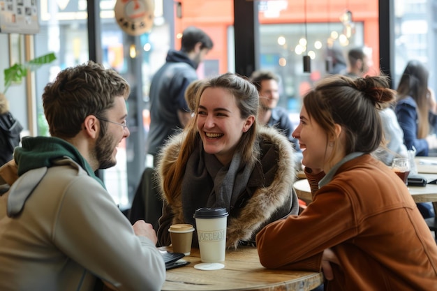 Desfrutando de uma pausa para um café num espaço de coworking relaxado, os colegas partilham risadas e conversas