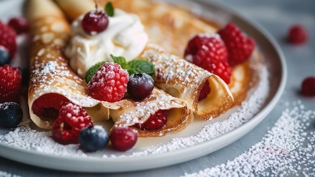 Desfrutar da doce e tradicional delícia de queijo Blintzes Pancakes com frutas frescas