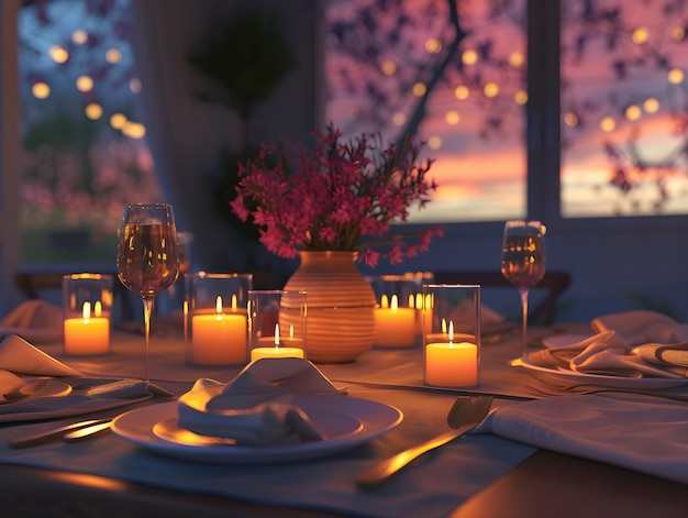 Foto desfrutar de um jantar romântico fotorrealista com velas brilhantes