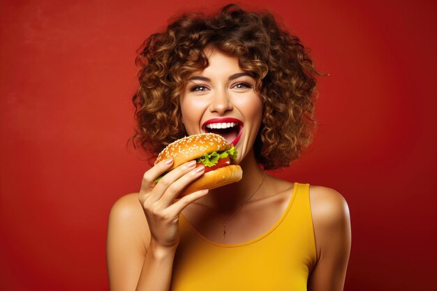 Foto desfrute calórico jovem mulher saboreando um saboroso hambúrguer com um sorriso em um ambiente de estúdio vibrante