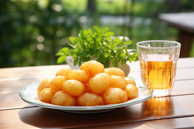 Desfrute de lanches no Jardim Aconchegante com batata da Duquesa e chá gelado na mesa de madeira