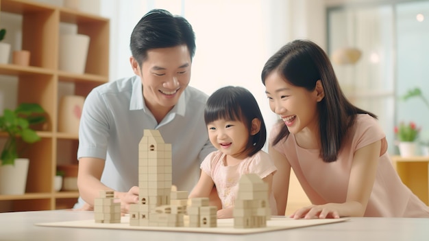 Desfrute de um amor feliz, pai e mãe de família asiática grande com atividade sorridente de menina, aprender e treinar habilidades cerebrais, brincar com brinquedos, construir blocos de madeira, jogo educacional de tabuleiro em casa