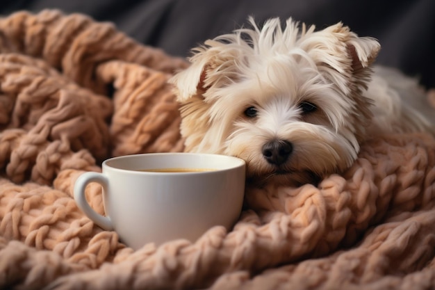 Desfrute de um café com o cachorro peludo na cama aconchegante Generative Ai