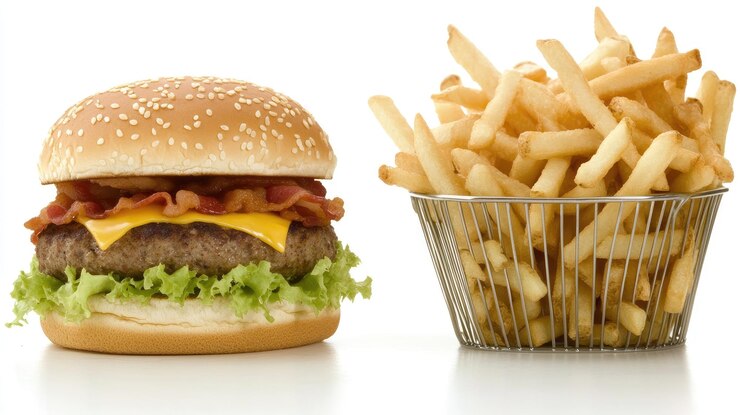Foto desfrute de um delicioso hambúrguer de carne vestido com queijo de alface e bacon combinado com batatas fritas douradas numa cesta elegante