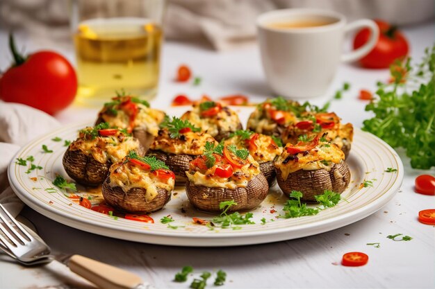 Desfrute do almoço em casa com um menu de cogumelos recheados de caranguejo na área de refeitório interior