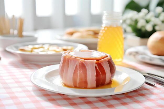 Foto desfrute do pequeno-almoço matinal na sala de jantar com presunto esmaltado com mel e chá na mesa de madeira