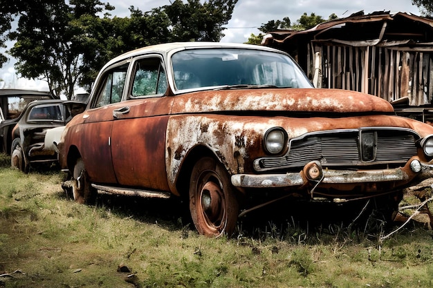 Desgastado e abandonado, um antigo carro rústico e enferrujado repousa na solidão.