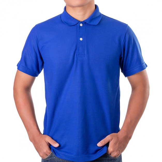 Foto desgaste asiático novo do homem um t-shirt azul do polo