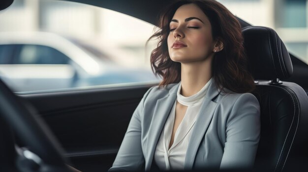 Foto desgaste y exceso de trabajo concepta joven mujer de negocios meditando mientras está sentada en su coche durante un café