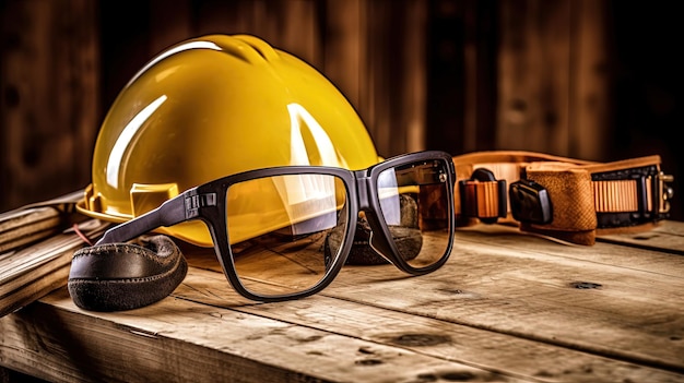 Foto desgaste de seguridad en la construcción de casco amarillo y gafas en la parte superior de la mesa rústica de madera ia generativa ilustración digital de ia generativa