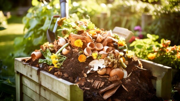 Foto deshechos alimentarios en el contenedor de compost