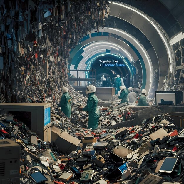 Foto deshechos electrónicos en un centro de recogida para su posterior reciclaje economía circular