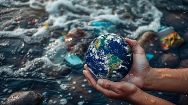 Deshechos plásticos en el medio ambiente Contaminación oceánica Manos sosteniendo elementos de la Tierra de esta imagen proporcionada por la NASA