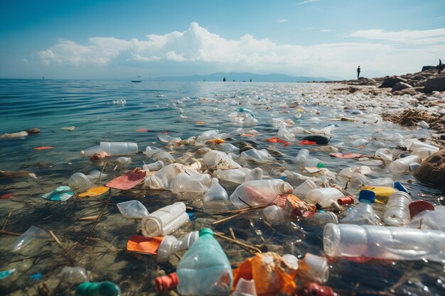 Foto deshechos plásticos en la playa concepto de medio ambiente de contaminación