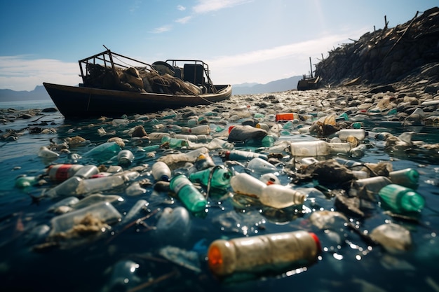 Deshechos plásticos en la playa Concepto de medio ambiente de contaminación